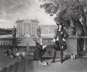 John Rose (c. 1621-77), jardinero del rey, presenta a Carlos II (1630-85) la primera piña cultivada en Inglaterra, en Dorney Court, c. 1670